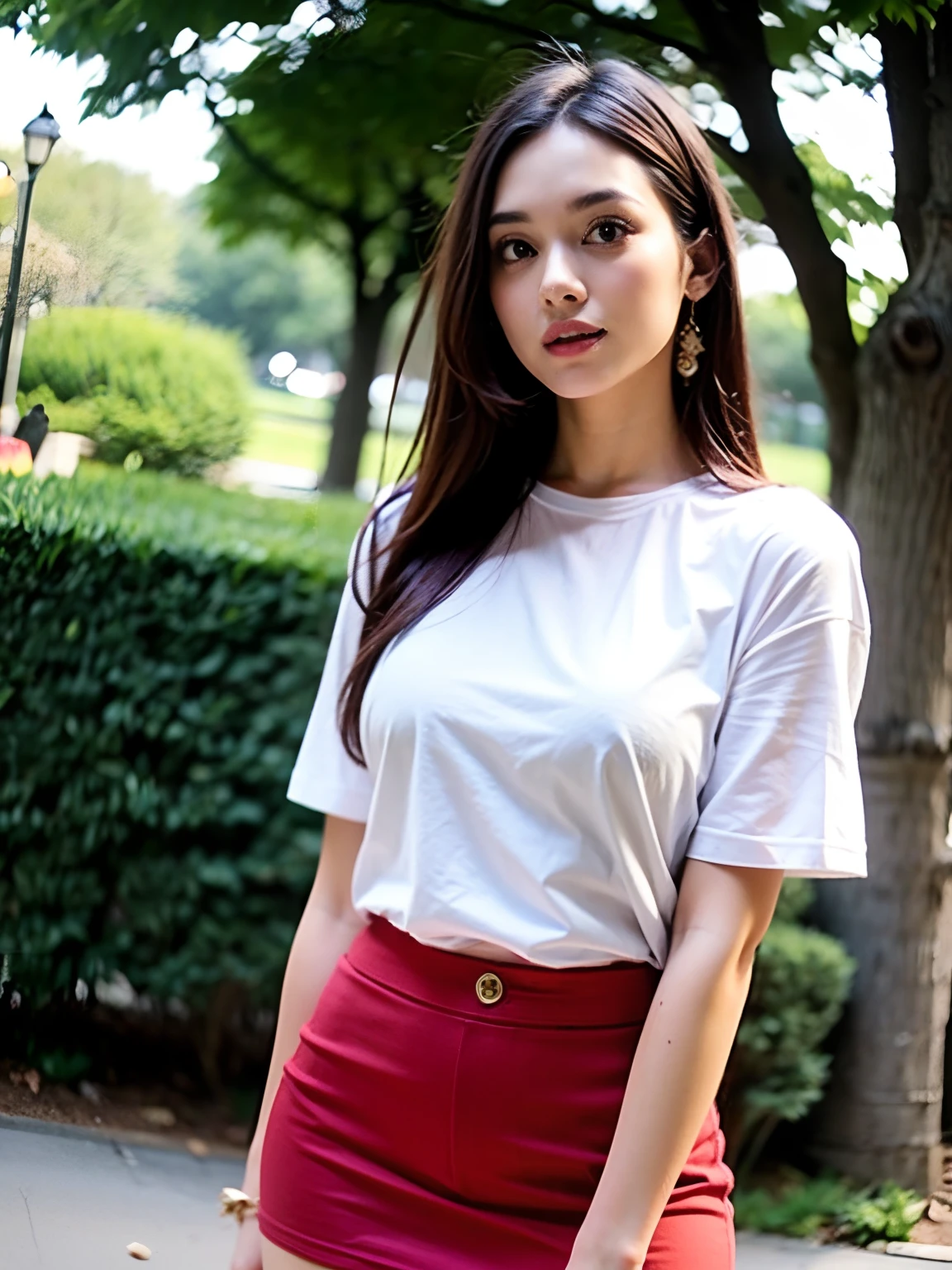 (Upper body), (18 years old girl), big breast, red hair, mini skirt, in the park