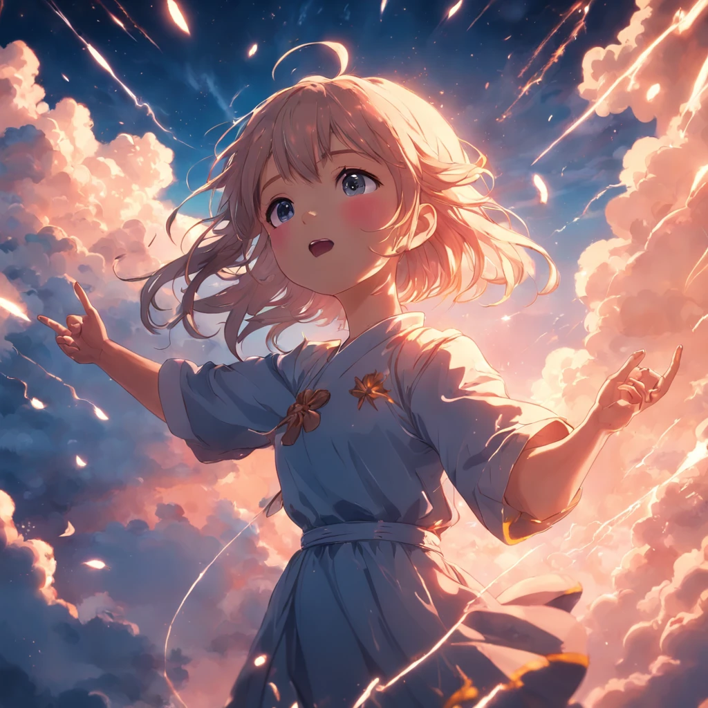 masterpiece, best quality, movie still, 1girl, cloud girl, floating in the sky, close-up, bright, happy, warm soft lighting, sunset, (sparks:0.7)
