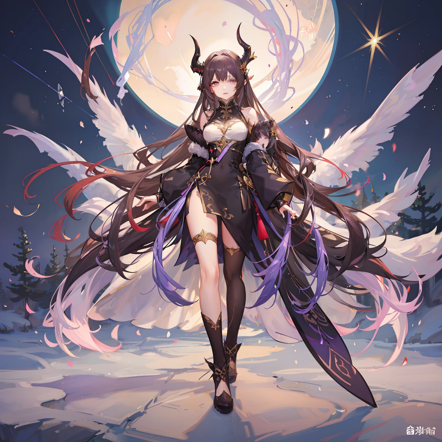 Woman, messy light brown long hair with a purple tint, dragon horns and tail, white and black Chinese dress with tight-fitting elements on her arms and legs, gold divine light, God's gaze, a circle behind her back, indifferent and cold gaze, light lipstick