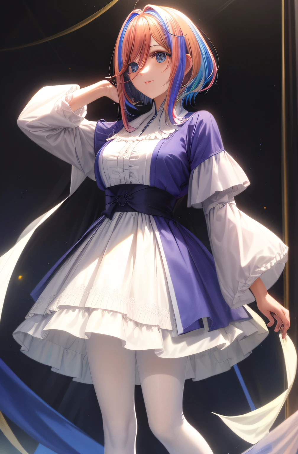 ((master part, best quality))), Acoplamento, sozinho, uma 1girl, ((cabelos ruivos, cabelos pretos, cabelos multicoloridos)), short hair, white tights, vestido, fantasia de empregada,