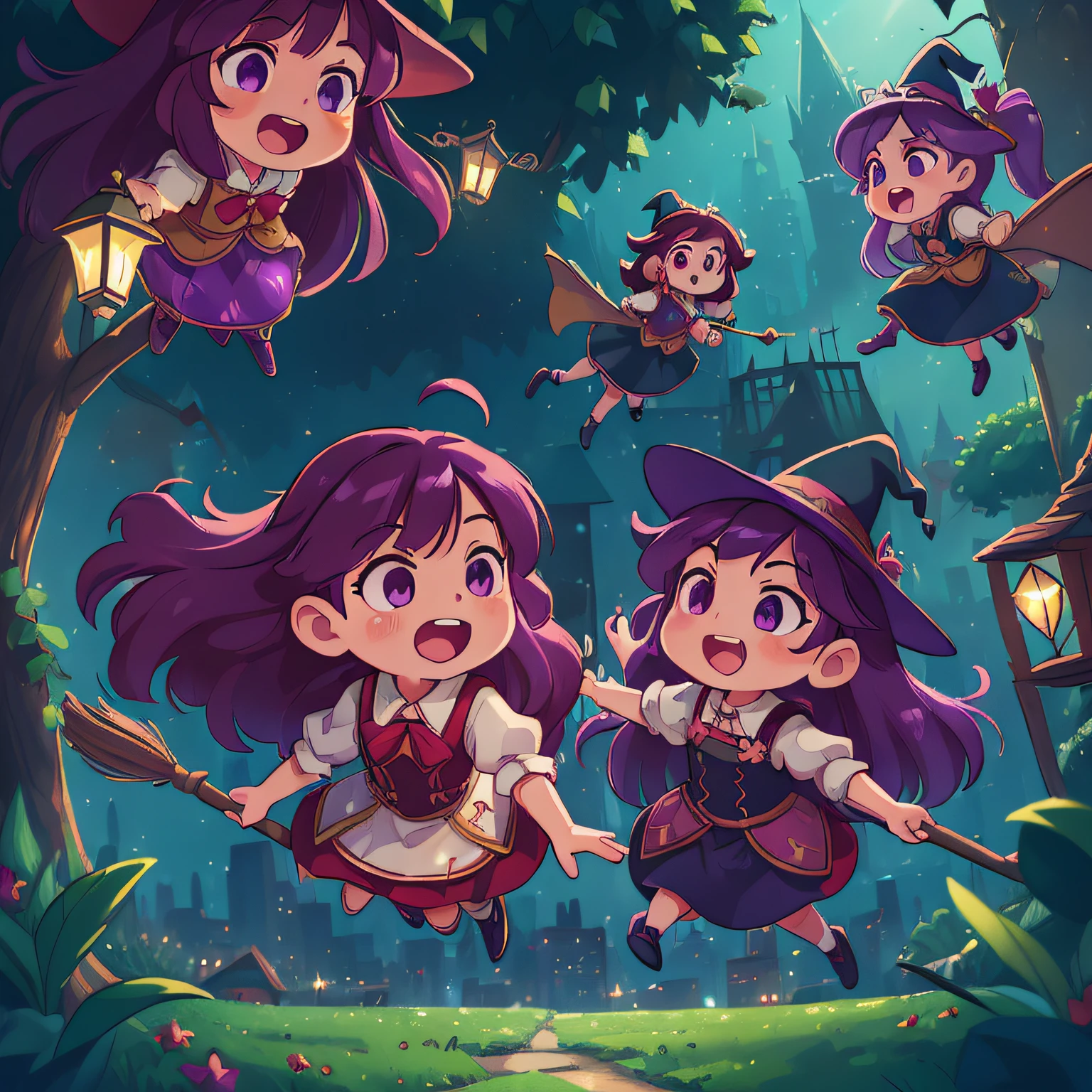 (best quality, high quality:1.3), CG, dramatic lighting, highly detailed, Bokeh, two little witches, their names are ruby ​​and ivy, animated looks, perfect face, long purple hair, looking mischievous, flying across the city sky, mounted on their brooms, clumsily, flying