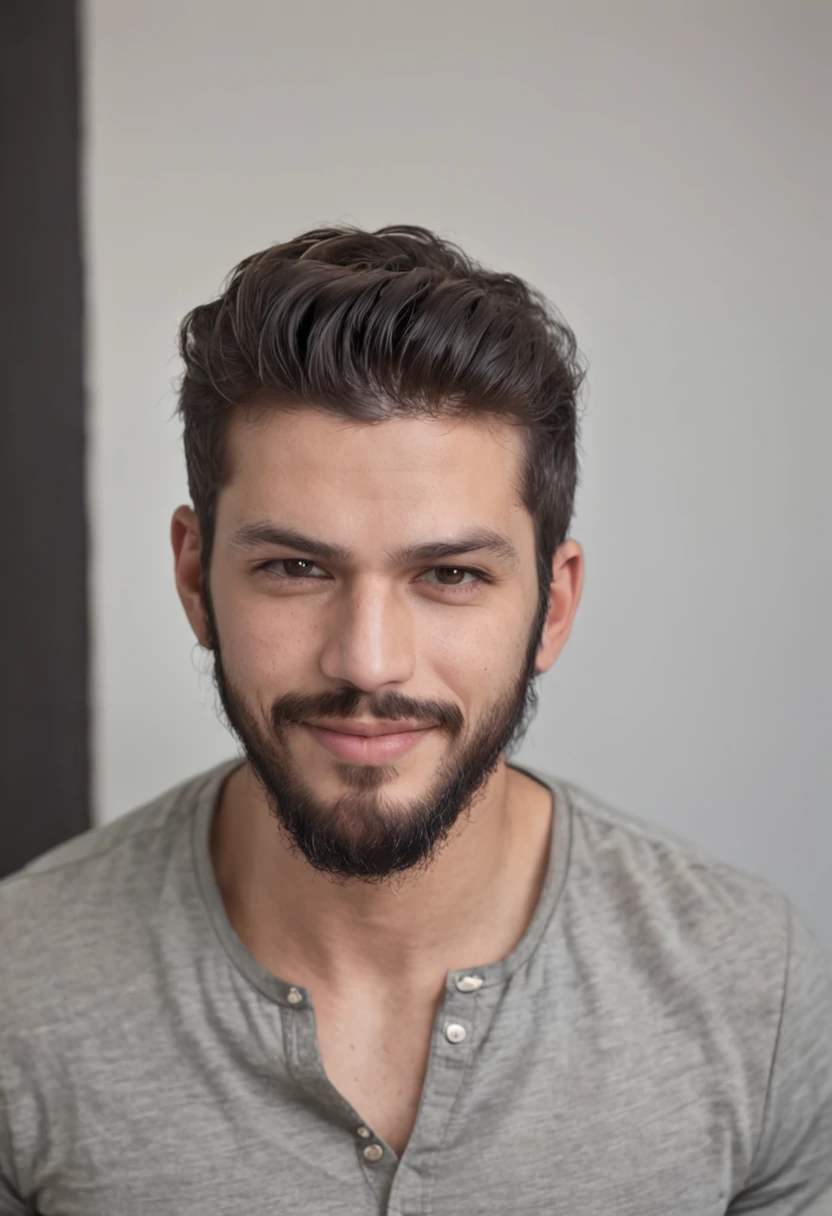 homem branco, 25 anos, 1,80 de altura, 100kg, ombros largos, sorridente, thick lips, cabelo preto raspado, bashful, barba fina, olhos castanhos, doce, carinhoso