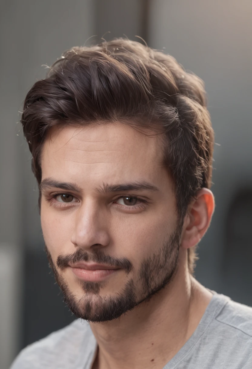 homem branco, 25 anos, 1,80 de altura, 100kg, ombros largos, sorridente, thick lips, cabelo preto raspado, bashful, barba fina, olhos castanhos, doce, carinhoso