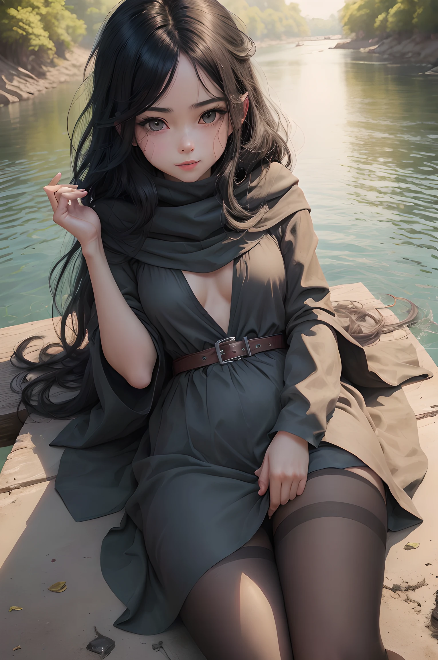 Anime girl lying and looking at the camera, A girl, Breasts are small, Small breasts are visible, Sexy clothes are on her, ssmile, beatiful face, Appearance of the model, blusher, Day, looking a viewer, Narrow waist, (tmasterpiece), ((Anime girl with long black hair and blue cloak posing by the river)), Looking Ahead, is looking at the camera, The girl stands in a sexy position, black stockings, (small curvy ), detailed digital anime art, beautiful anime girl, beautiful anime girl, Anime with small details, Best Quality, Masterpiece, Ultra-detailed, Beautiful, hight resolution, Original,CG 8K ультрареалистичный, perfect artwork, beatiful face, Face Clean, Skin, hyper realistic, Ultra Detailed, A detailed eye, dramatic lighting, (Realistic) Realistic, Full HD, Best Quality, Best Quality, Beautiful lighting, (8k wallpaper of extremely detailed CG unit), High Details, sharp-focus, The art of dramatic and photorealistic painting, Little Petite Girl, little chest, Magic, (SFW), ((NSFW)), Visible hypogastrium, Tight-fitting stockings, Small breasts for show, mouth ajar, endearing smile, Beautiful hands,