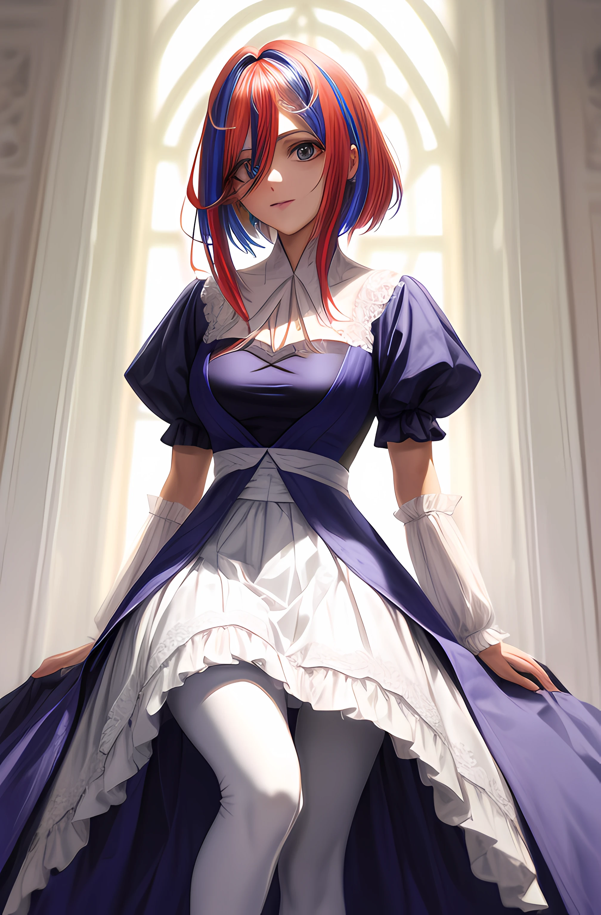 ((master part, best quality))), Acoplamento, sozinho, uma 1girl, ((cabelos ruivos, cabelos pretos, cabelos multicoloridos)), short hair, white tights, vestido, fantasia de empregada,
