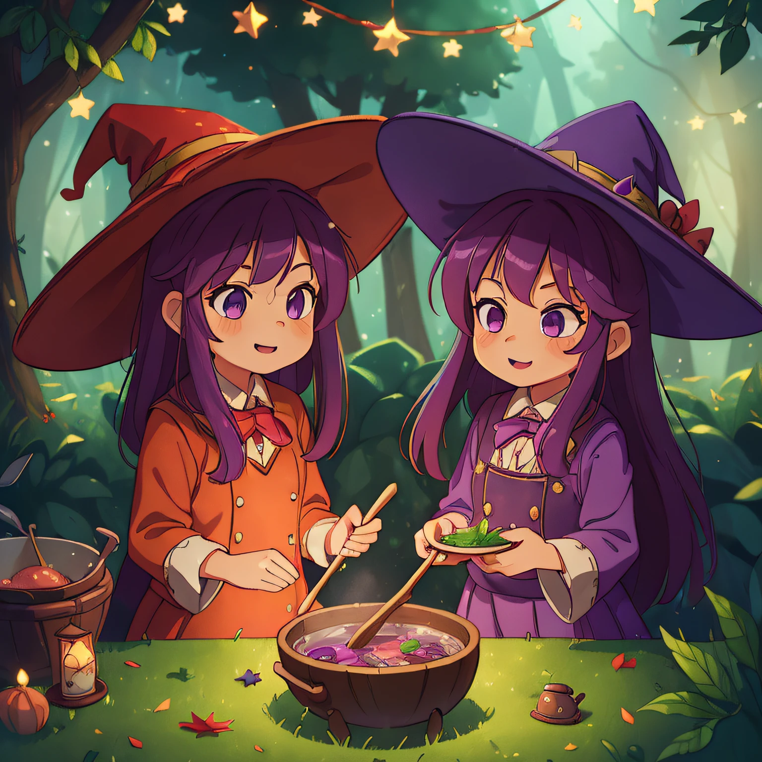 (best quality, high quality:1.3), CG, dramatic lighting, highly detailed, Bokeh, two little witches;, Their names are Ruby and Ivy, 9 , animated looks, perfect face, long purple hair, wearing witch hats , mischievous look, in their homes, Cooking a leaf soup in a cauldron