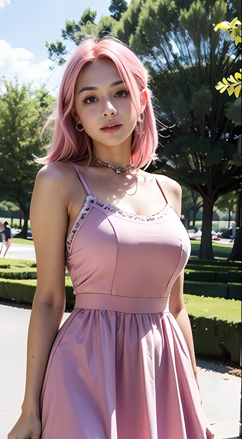(Upper body), (18 years old girl), big breast, pink hair, summer dress, in the park