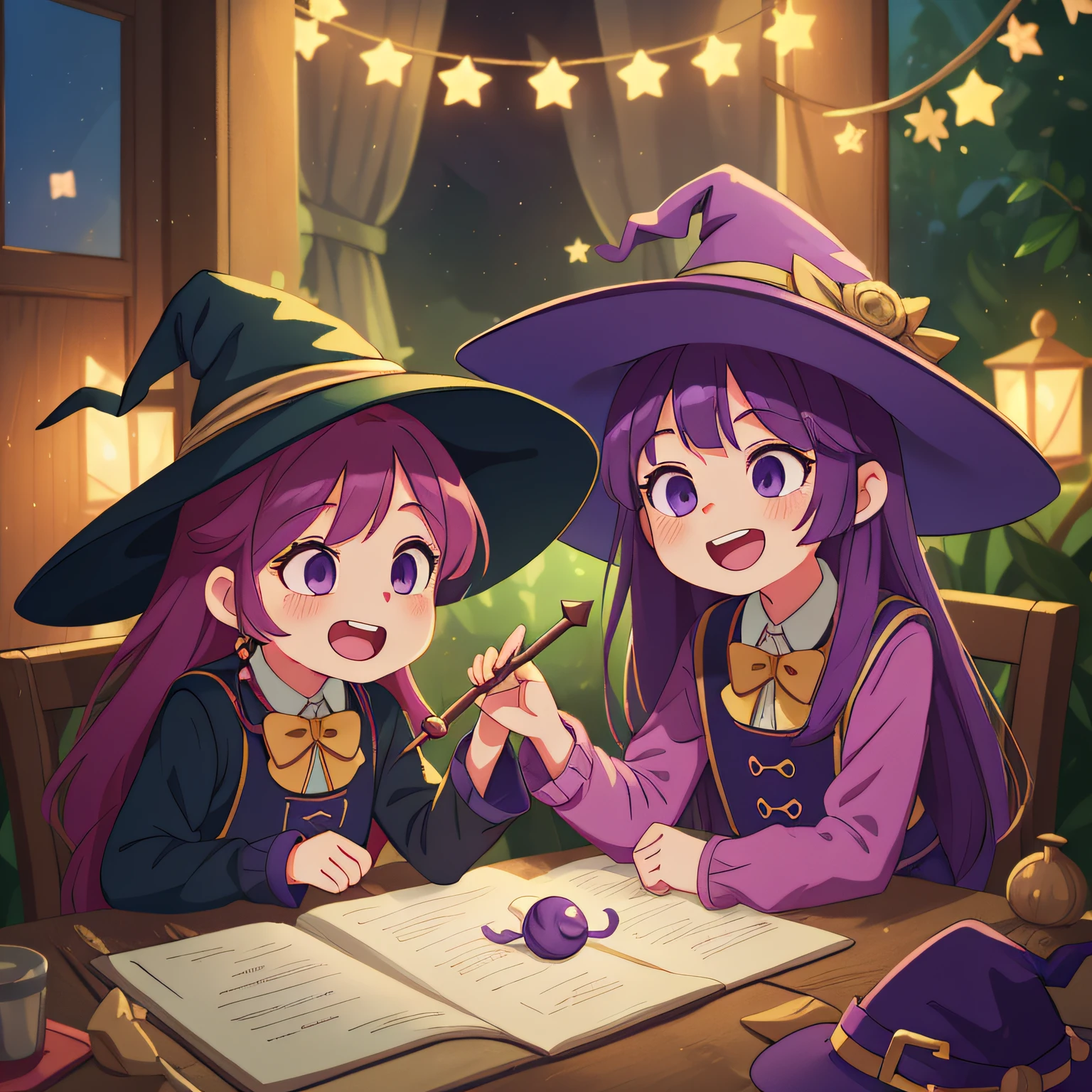 (Best Quality, High Quality:1.3), CG, Dramatic Lighting, Highly Detailed, Bokeh, Two Little Witches, Their Names Are Ruby and Ivy,  9, Animated Looks, Perfect Face, Long Purple Hair, Wearing Witch Hats , looking mischievous, in their homes, doing spells and laughing