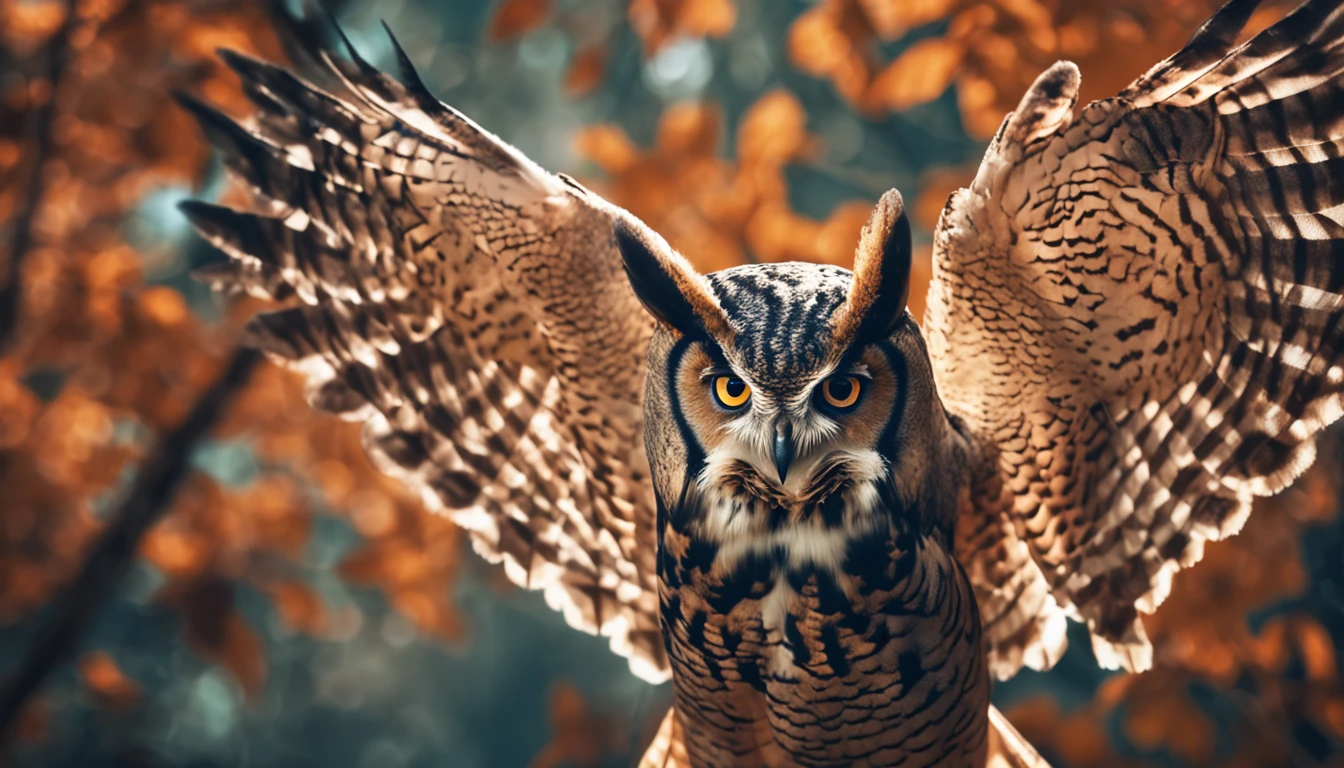 best quality, master part, ultrahigh-resolution, (fotografia realista:1.4), Surrealismo, owl and forest animals