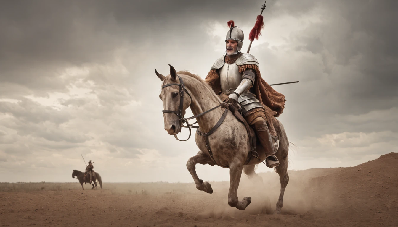 "Stunning cover in Baroque painting style depicting an epic scene of Don Quixote mounted on his horse Rocinante, wearing his rusty armor and wielding his spear. St. George appears full-body in the foreground, em uma pose heroica com Rocinante empinado. Ao fundo, A field of windmills stretches to the horizon under an overcast sky. Don Quixote's face under the helmet is determined and visionary, pronto para a aventura. Uses dramatic tones, Theatrical lighting and elaborate textures, with striking brushstrokes in oil. The scene is thorough and hyper-realistic in 8K, but with a classic look of baroque painting. No errors or distortions. Upscaler: RealESRGAN