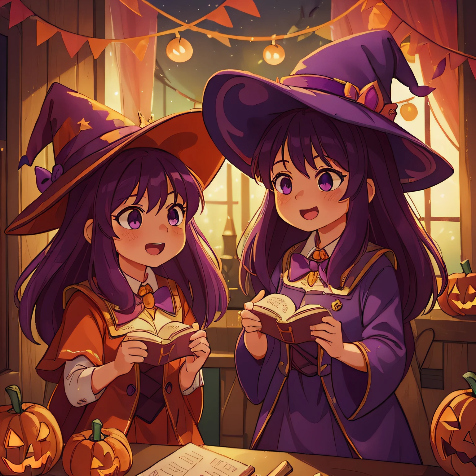 (best quality, high quality:1.3), CG, dramatic lighting, highly detailed, Bokeh, two little witches;, Their names are Ruby and Ivy, 9 years old, animated looks, perfect face, long purple hair, wearing witch hats , mischievous look, having a lively halloween party at their house, with many guests