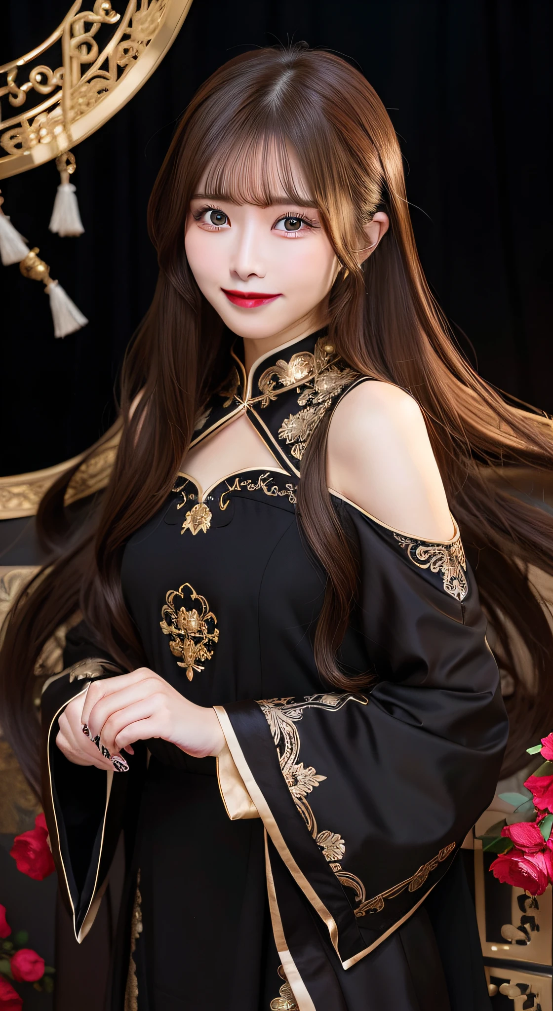 Adult woman, long light brown hair, Brown eyes, Black blue Chinese dress, red lipstick, Smile, Masterpiece, hiquality