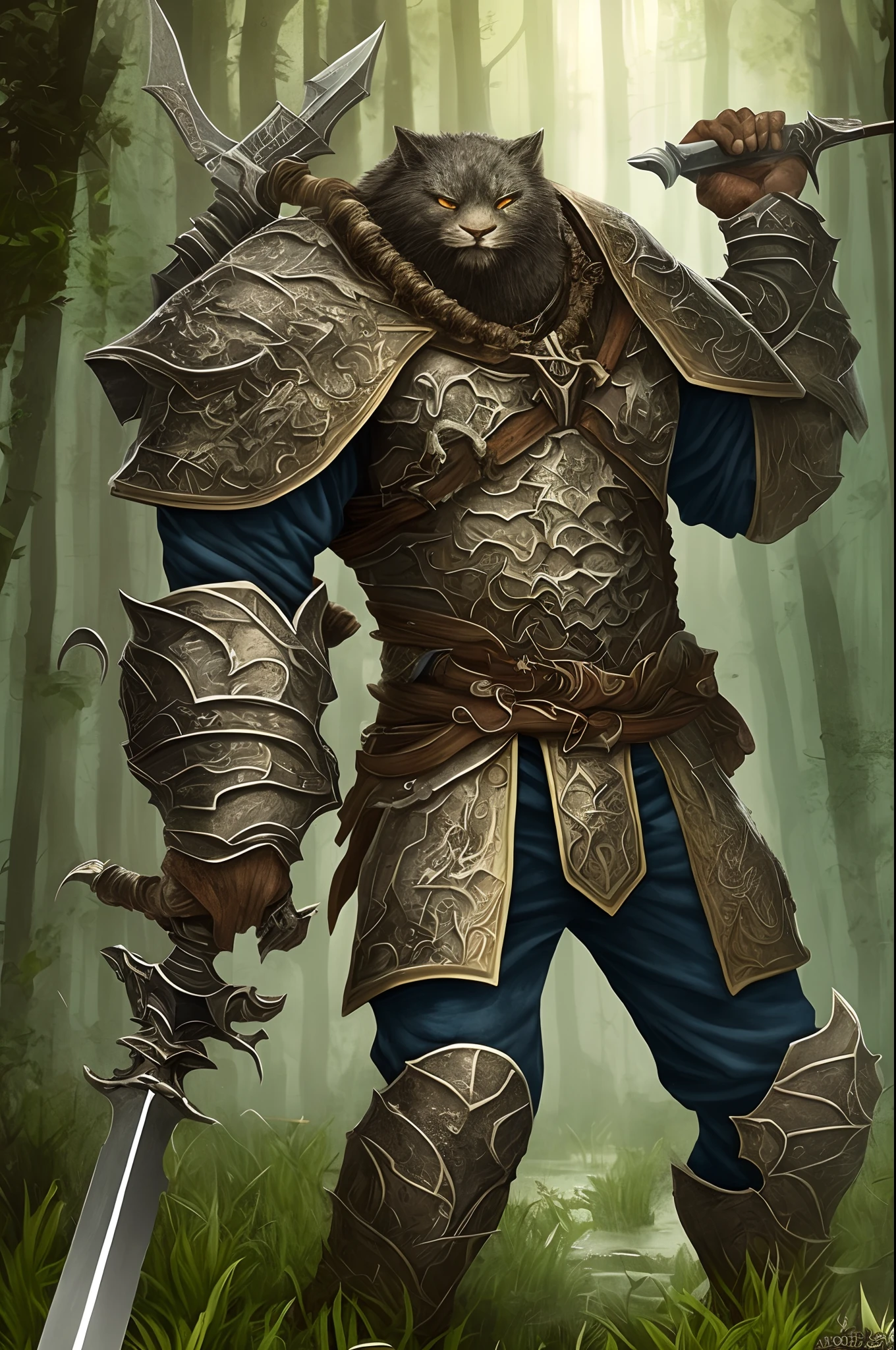 Me faz dois personagens, um seria um rapaz com armaduras mais leves, com espada e arco e flexa nos tom amarelo e preto, the other, taller and stronger, with heavier and darker armor, with a very large sword and magical power in the shade of water green;, His armor is also black with water green details, The background would be a dark forest with trees and monsters behind it