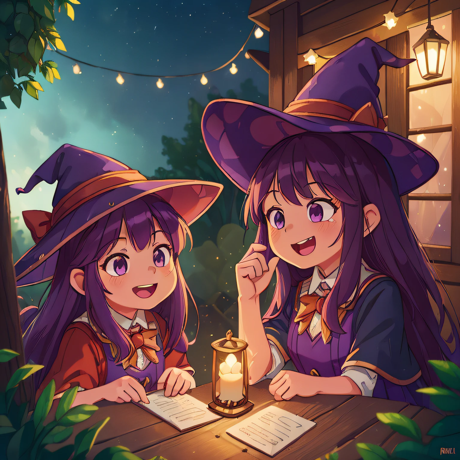 (best quality, high quality:1.3), CG, dramatic lighting, highly detailed, Bokeh, two little witches;, Their names are Ruby and Ivy, 9 , animated looks, perfect face, long purple hair, wearing witch hats , looking mischievous, on the porch of their house, looking satisfied and happy