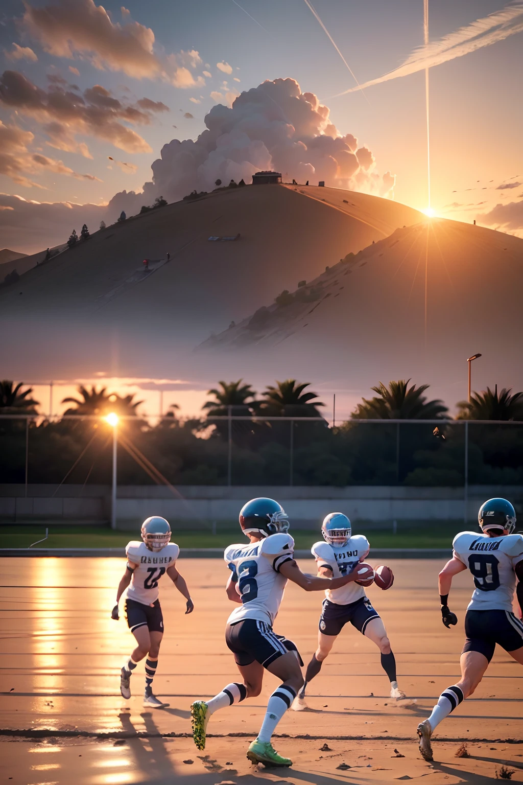 Several people are playing football on a field at sunset, playing football, playing football on the beach, Unsplash contest winning photo, playing football on the beach, football, esports photography, the sun's rays through the dust, sport, esports photography , Directed by: Fabien Charuau, beautiful sunny day, Golden Hour in the Morning, sunset atmosphere, Dusty Ground, Directed by: Thomas Scholes --auto --s2