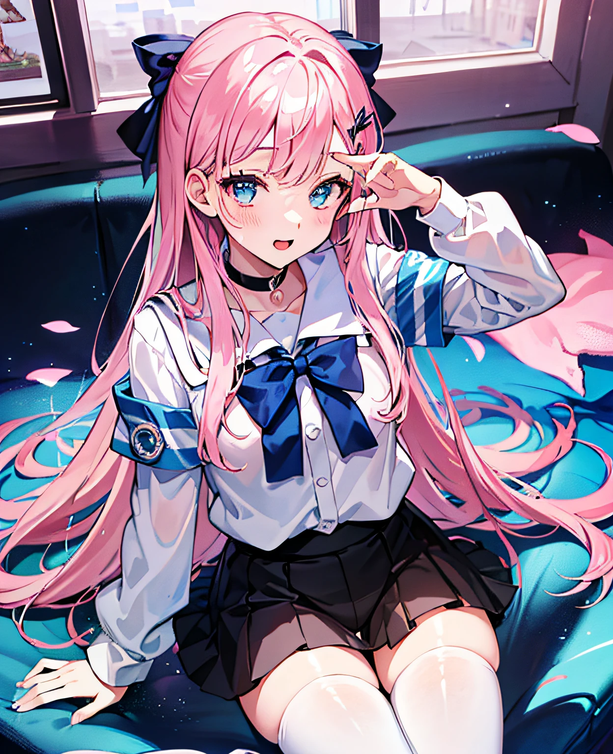 Vaginal discharge with fluid flow、Just climaxed、Black choker、Small breasts、(((Loli)))、155 cm、Stand in the bedroom、JK school uniform、White transparent pantyhose、bright expression、young and shiny white shiny skin、Best Looks、ultimate beauty girl、The most beautiful pink hair in the world、Shiny light hair,、Super long silky straight hair、Beautiful bangs that shine、Sparkling crystal clear and charming blue eyes、Very nice and lovely girl、A girl poses in her bedroom at Comic-Con、Take some obscene photos、underwear only、Panties only、with thin legs、Slender legs,sitting in the couch,Pink bow panties,Sideways to the audience