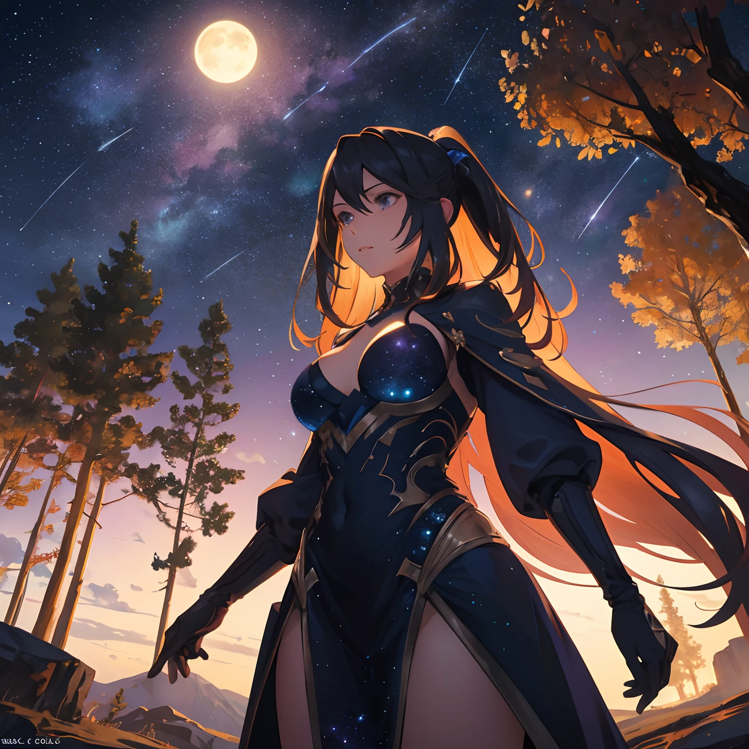 expansive landscape photography, (a view from below showing the sky above and the open field below), (full moon: 1.2), (shooting stars: 0.9), (nebula: 1.3), distant mountain, BREAK tree production art, (hot light source: 1.2), (Firefly: 1.2), lamp, very purple and orange, complex details, volumetric lighting, realism BREAK (masterpiece: 1.2), (best quality), 4k, ultra-detailed, (dynamic composition: 1.4), highly detailed, colorful details, (iridescent colors: 1.2), (bright lighting, atmospheric lighting), dreamy, magical, (solo: 1.2)