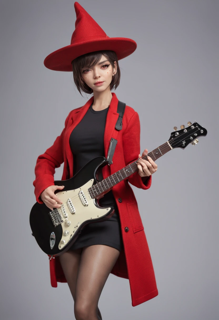 women with a red witch hat and glasses, short hair, using a eletric guitar, using one red overcoat clothes, Directed by: Shirow Masamune, cushart krenz arte chave feminina, g Estilo de arte liuliano, Estilo Masamune Shirow, Cushart Kenz, inspirado em Masamune Shirow, Matoi Ryuko, cinematic light,