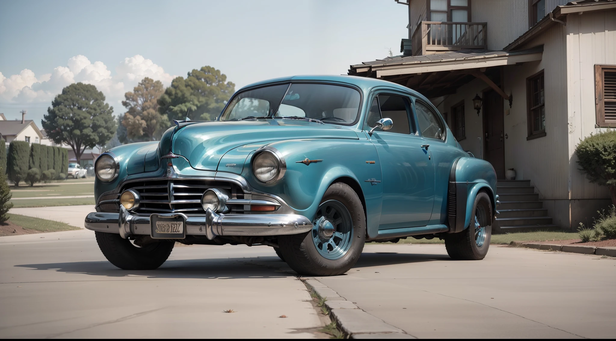 there is an old blue two door sedan, ford deluxe, fastback car parked in a driveway next to a house, front side full, front side, 1 9 4 6, 1946, a wide full shot, 1948, 1947, 1 9 4 7, 3 / 4 extra - wide shot, 1944, 1 9 4 4, wide-body wide tires, whitewall tires, with a roof rack and gear