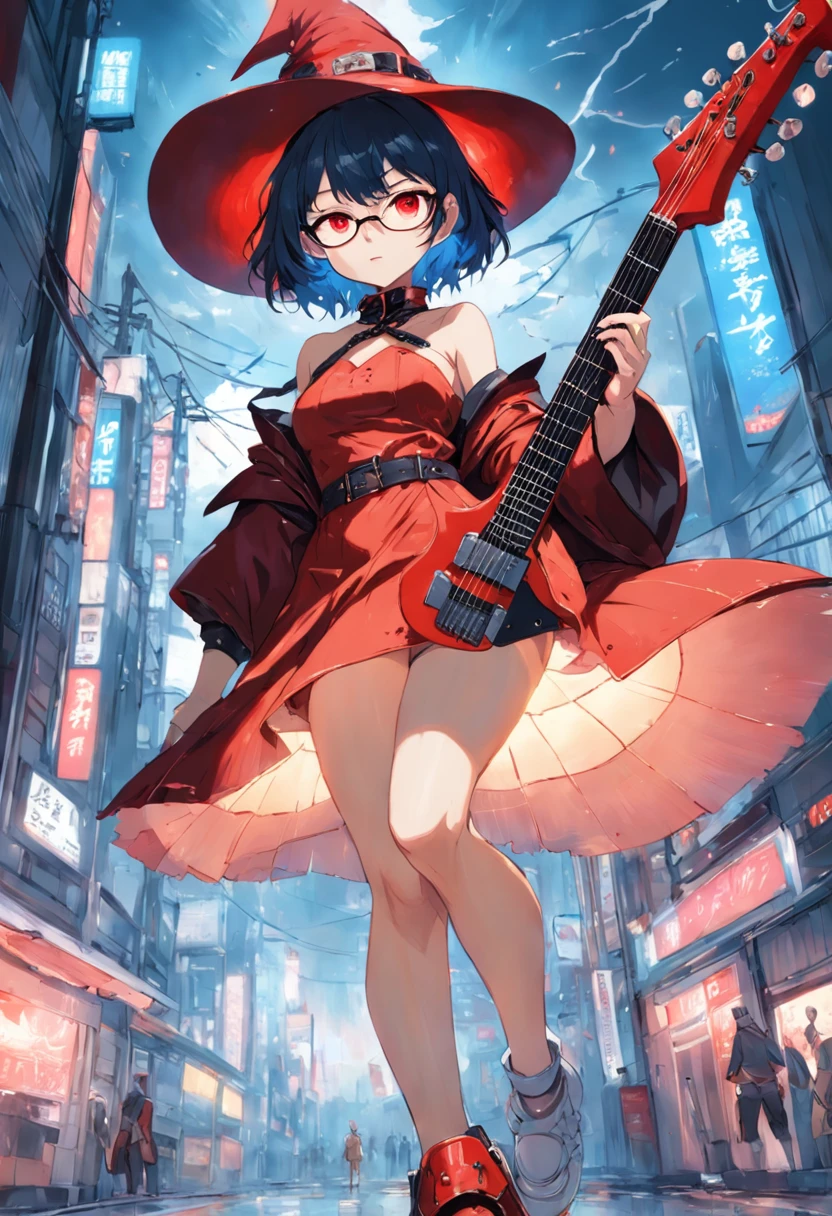 Women with a red witch hat and glasses, short hair, Using an electric guitar, usando uma roupa de sobretudo vermelho, Directed by: Shirow Masamune, cushart krenz arte chave feminina, g Estilo de arte liuliano, Estilo Masamune Shirow, Cushart Kenz, inspirado em Masamune Shirow, Matoi Ryuko, Cinematic light,