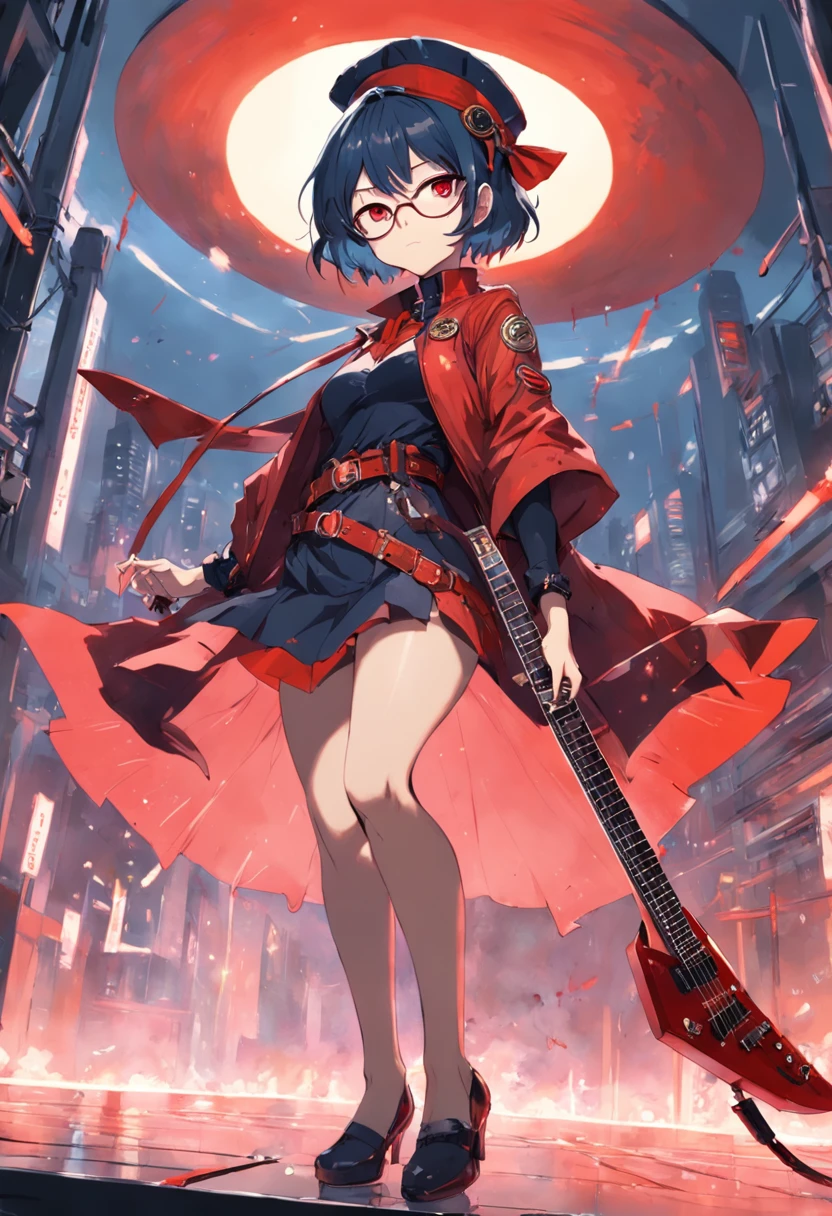 Women with a red witch hat and glasses, short hair, Using an electric guitar, usando uma roupa de sobretudo vermelho, Directed by: Shirow Masamune, cushart krenz arte chave feminina, g Estilo de arte liuliano, Estilo Masamune Shirow, Cushart Kenz, inspirado em Masamune Shirow, Matoi Ryuko, Cinematic light,