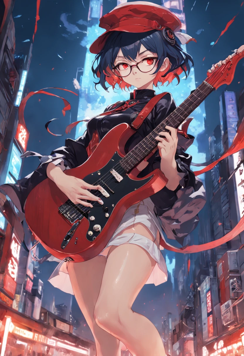 Women with a red witch hat and glasses, short hair, Using an electric guitar, usando uma roupa de sobretudo vermelho, Directed by: Shirow Masamune, cushart krenz arte chave feminina, g Estilo de arte liuliano, Estilo Masamune Shirow, Cushart Kenz, inspirado em Masamune Shirow, Matoi Ryuko, Cinematic light,