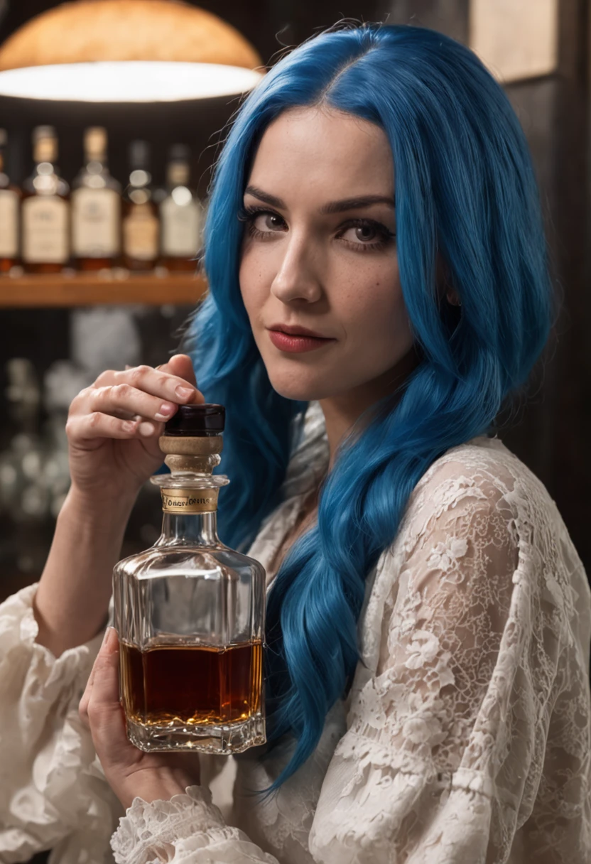 Arafed woman with blue hair holding a bottle of whiskey, segurando uma garrafa, fancy whiskey bottle, very fancy whiskey bottle, carregando um frasco de perfume, low quality video, holding flask in hand, garrafa de veneno hiper realista, whiskey bottle, 🔞🤡, potrait de corpo inteiro segurando garrafa, segurando uma bebida, segurando uma garrafa de arak, drinking whiskey