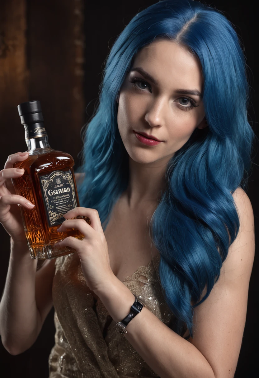 Arafed woman with blue hair holding a bottle of whiskey, segurando uma garrafa, fancy whiskey bottle, very fancy whiskey bottle, carregando um frasco de perfume, low quality video, holding flask in hand, garrafa de veneno hiper realista, whiskey bottle, 🔞🤡, potrait de corpo inteiro segurando garrafa, segurando uma bebida, segurando uma garrafa de arak, drinking whiskey