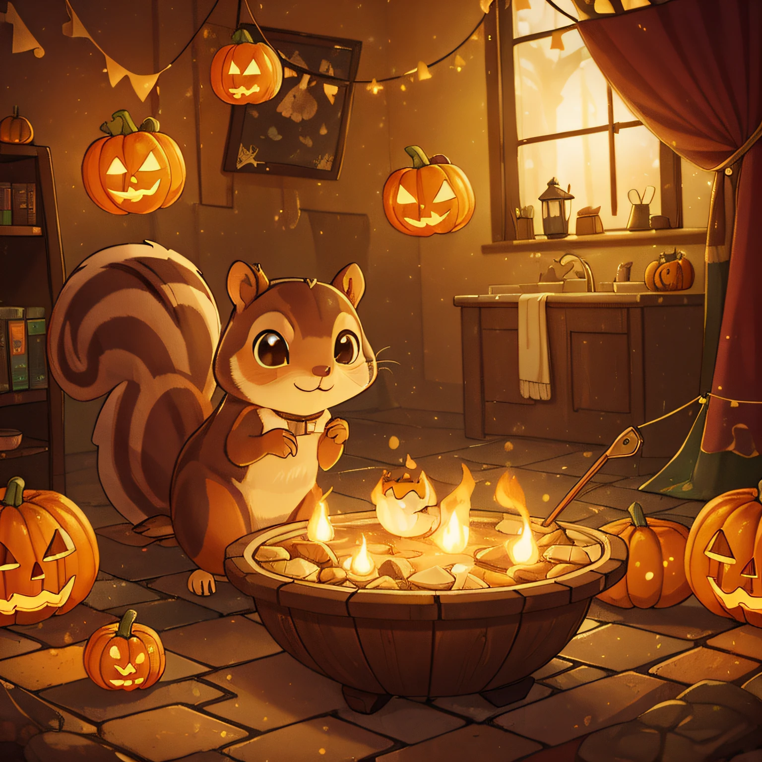 (best quality, high quality:1.3), CG, dramatic lighting, highly detailed, Bokeh, a cute clumsy squirrel, dropping cauldron full of bubbling spells on floor, indoors, in halloween house