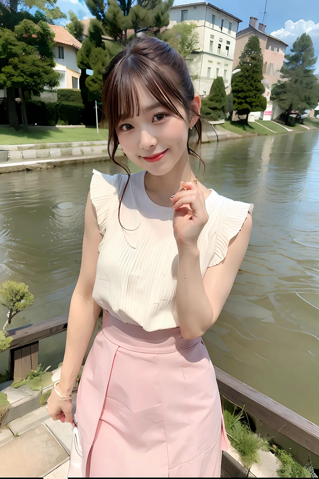 top-quality、超A high resolution、(photoRealstic:1.4)、red blush、Shorthair、cute little、(详细的脸)、a smile、、western clothes、skirt by the、Sunnyday、a river、(Old townscape)、blue-sky、Adults