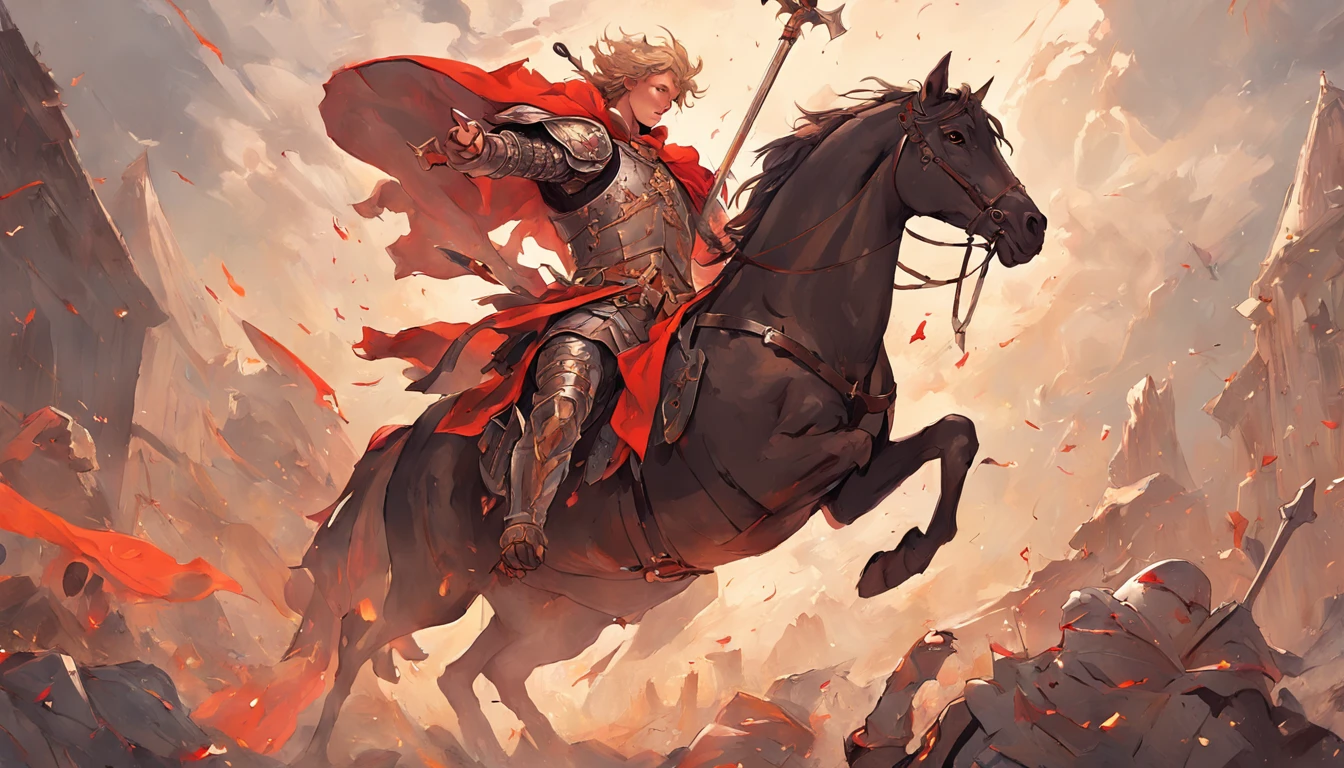 "Stunning cover in Baroque painting style depicting an epic scene of Saint George mounted on his horse Rocinante, wearing his rusty armor and shield with a red and white cross wielding his spear. St. George appears full-body in the foreground, em uma pose heroica com Rocinante empinado. Holding his sword and a dead dragon to the ground. Ao fundo, A field of windmills stretches to the horizon under an overcast sky. Don Quixote's face under the helmet is determined and visionary, pronto para a aventura. Uses dramatic tones, Theatrical lighting and elaborate textures, with striking brushstrokes in oil. The scene is thorough and hyper-realistic in 8K, but with a classic look of baroque painting. No errors or distortions. Upscaler: RealESRGAN
