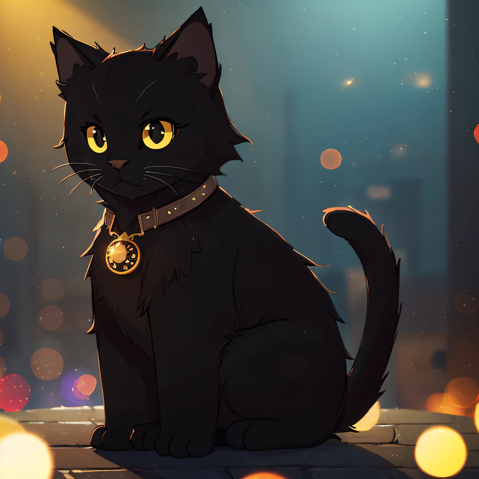 (best quality, high quality:1.3), CG, dramatic lighting, highly detailed, Bokeh, animated black cat