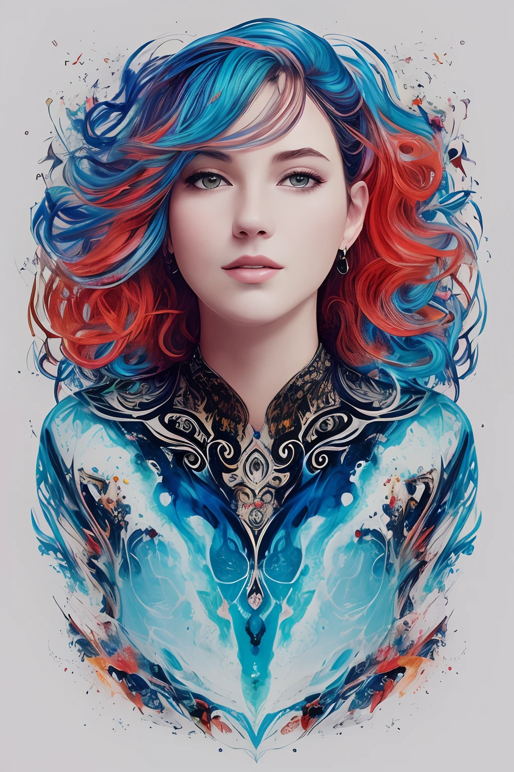 ready-to-print vector t-shirt art graffiti illustration of a young woman colored:25 years old woman, blue messy hair, oil painted, perfect face, perfect face, intricate image, shades of blue,light red color added, 8K resolution,A ArtStation digital painting, it is smooth and very flowing black ink:photorealistic masterpiece:intricately detailed fluid gouache painting:Written by Brunna Mancuso:calligraphy:propylene:watercolor art,Professional photographed,natural lighting,Minimalistic volumetric lighting photo illustration :Written by Marton Bobzert: intricate,Ellegance,Sprawling,magical dream,Hair on fire,full of life, 3d illustration, Adobe illustration, artwork centered, scratch paint design, planet splash, white background