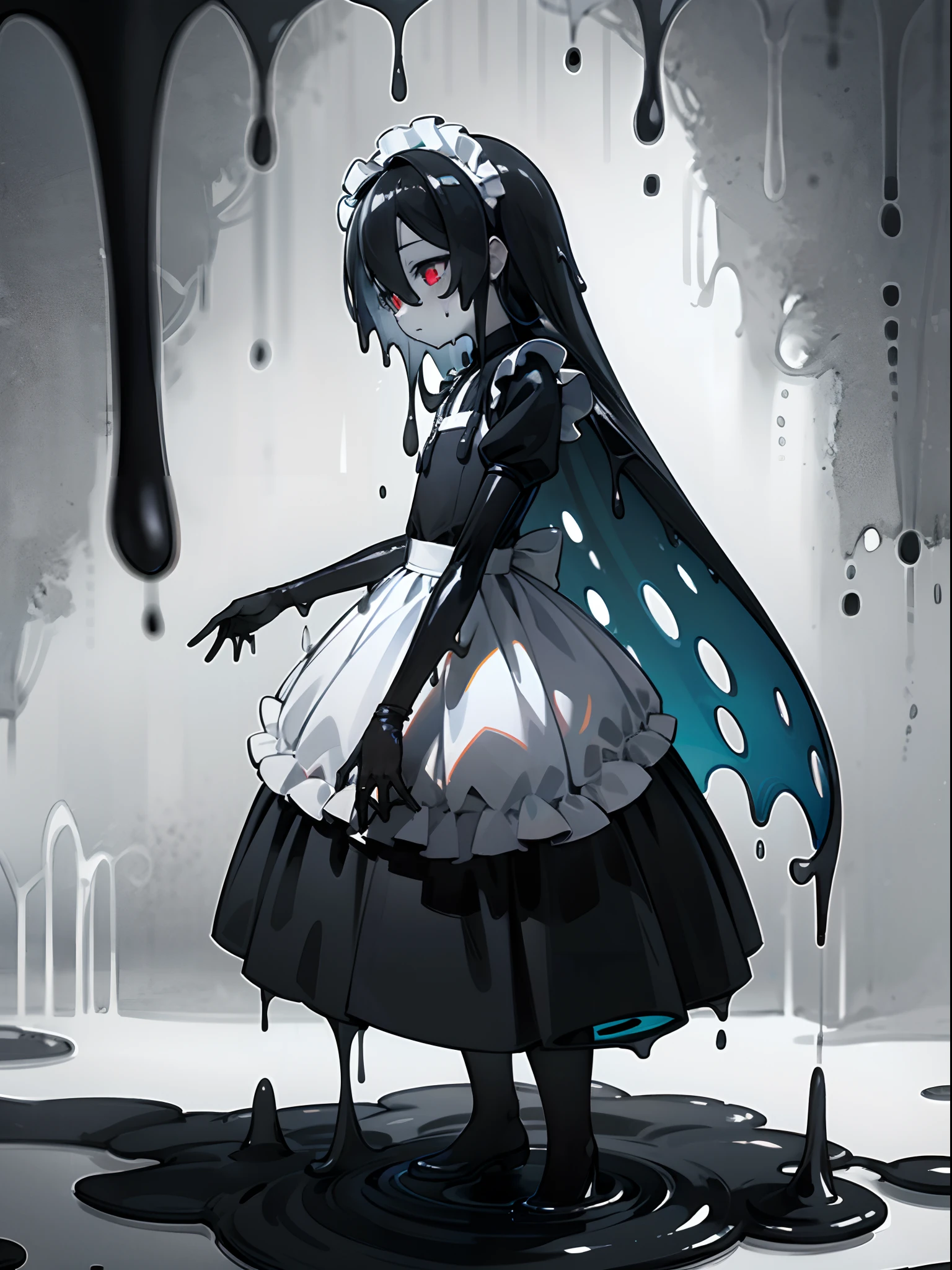 full body view, best quality, detailed drawn hands, realistic fingers), (masterpiece, sidelighting, finely detailed beautiful eyes: 1.2), ((Best quality)), ((masterpiece)), (highly detailed:1.3), anime, slime is dripping from girl's body, background is visible through girl's transparent upper body, translucent goo, transparent slime, standing, (white face color, covered in white goo), black stains on body, dripping black goo, covered in black|white goo, young girl, loli slime girl, messy, half black and half white slime, small chest, head covered in black goo, extremely long hair, red eyes, hair between eyes, merged with goo, melting body, dripping with slime, maid costume, half black body color, liquid body, white skin color, liquid hair, slime covered hair, black hair, blue highlights, melting into puddle, masterpiece, clean image, high res, HD, high quality, side view,