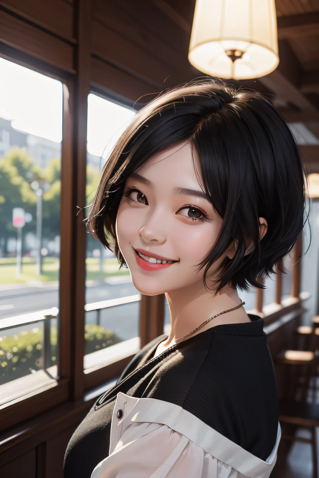 1 girl, black hair, short hair, smile, depth of field, tachi-e, first-person view, f/1.8, 135mm, Nikon, 4K