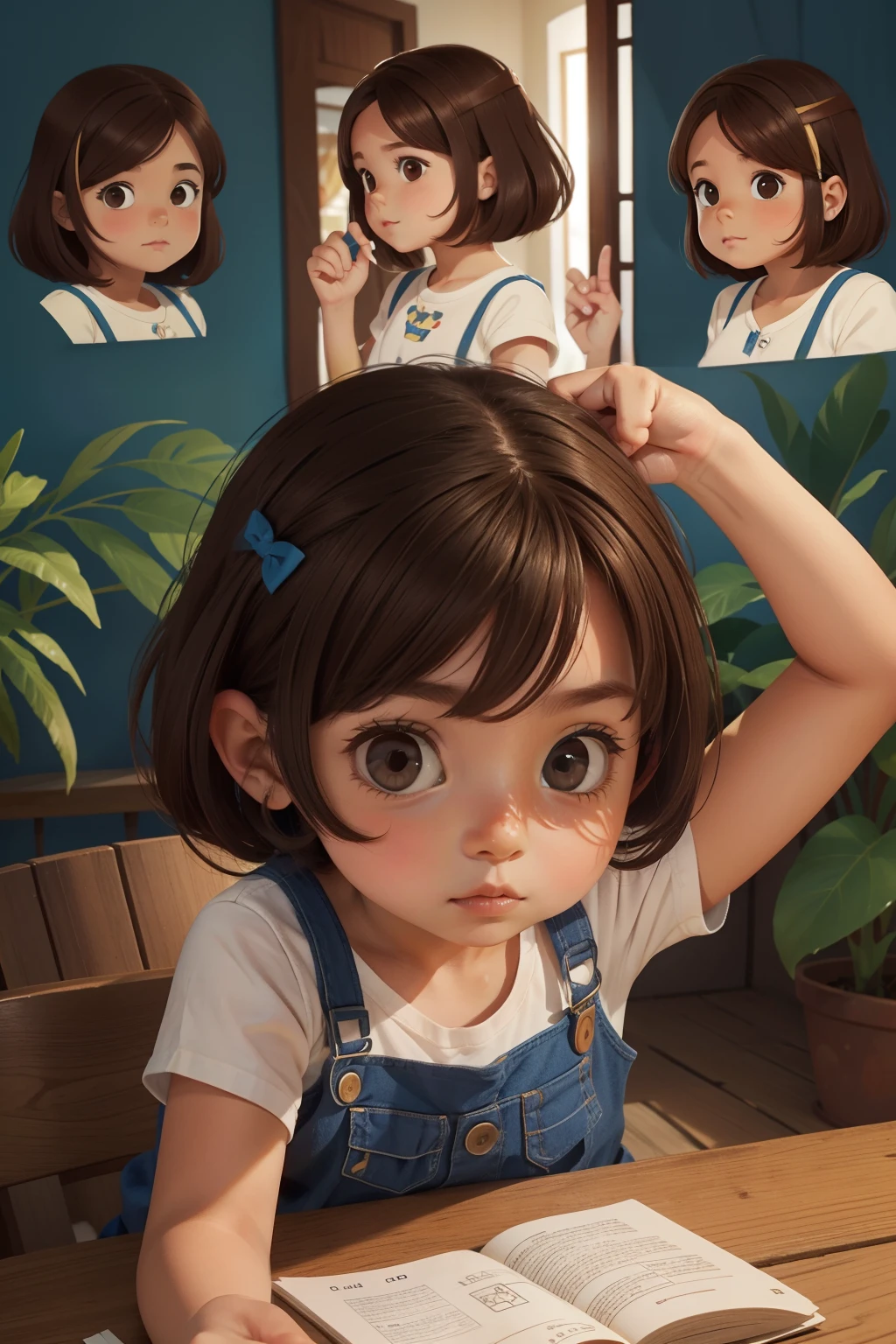 folha de caracteres, aventureira, 5 anos, olhos pretos, brown hair, various poses