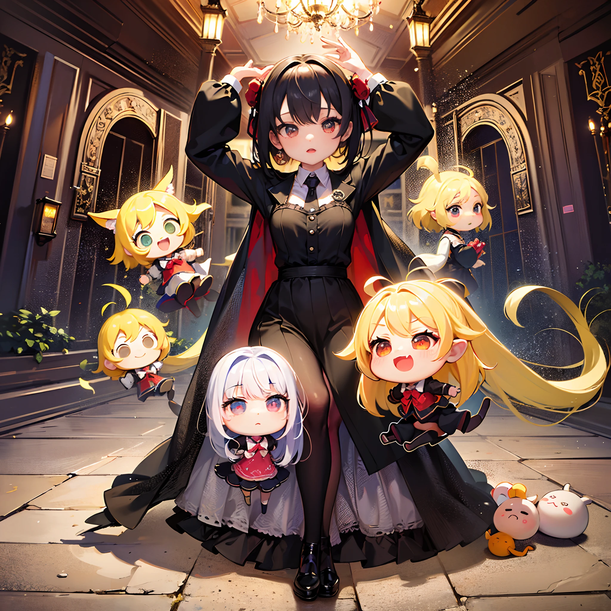 [((masterpiece, best quality:1.4)), (((extremely detailed))), sharp image:1.4, (high quality, highres:1.4)], 1girl, chibi:2, haunted theme park, haunted by chibi ghosts, cute:1.4, whimsical, glow, glowing, fun, silly, mystical, monster, small, little girl