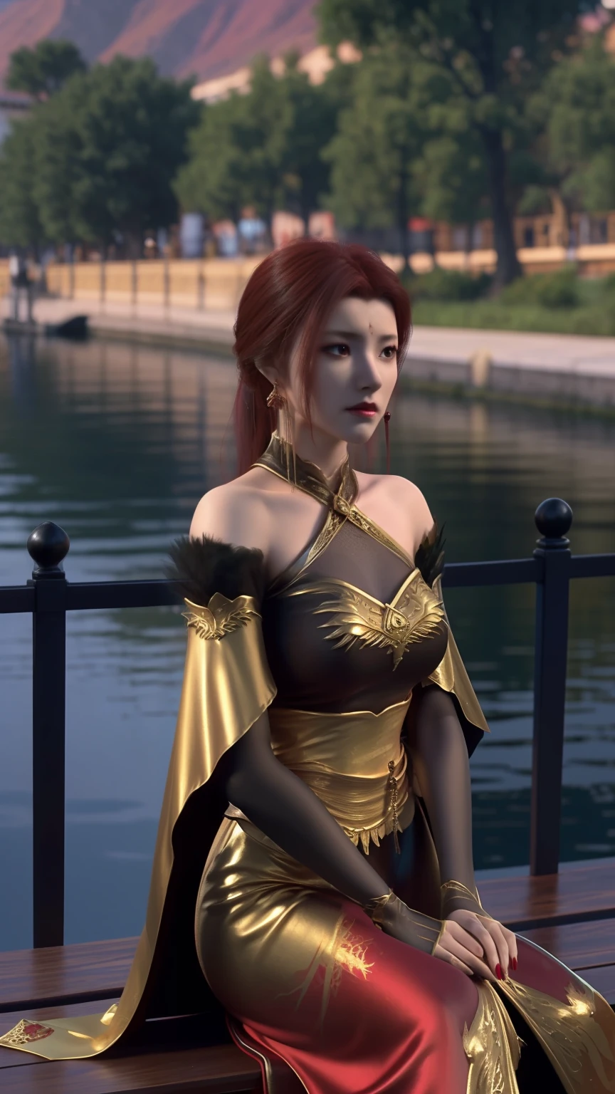Arad woman in a red dress sitting on a dock by the lake, a photorealistic painting inspired by Du Qiong, Trend of CGsociety, Fantasy art, lady in red armor, wearing gilded red robes, beautiful and seductive anime woman, succubus in tight kilt, wearing gilded red royal robes, silver armor and red clothing, fantasyoutfit
