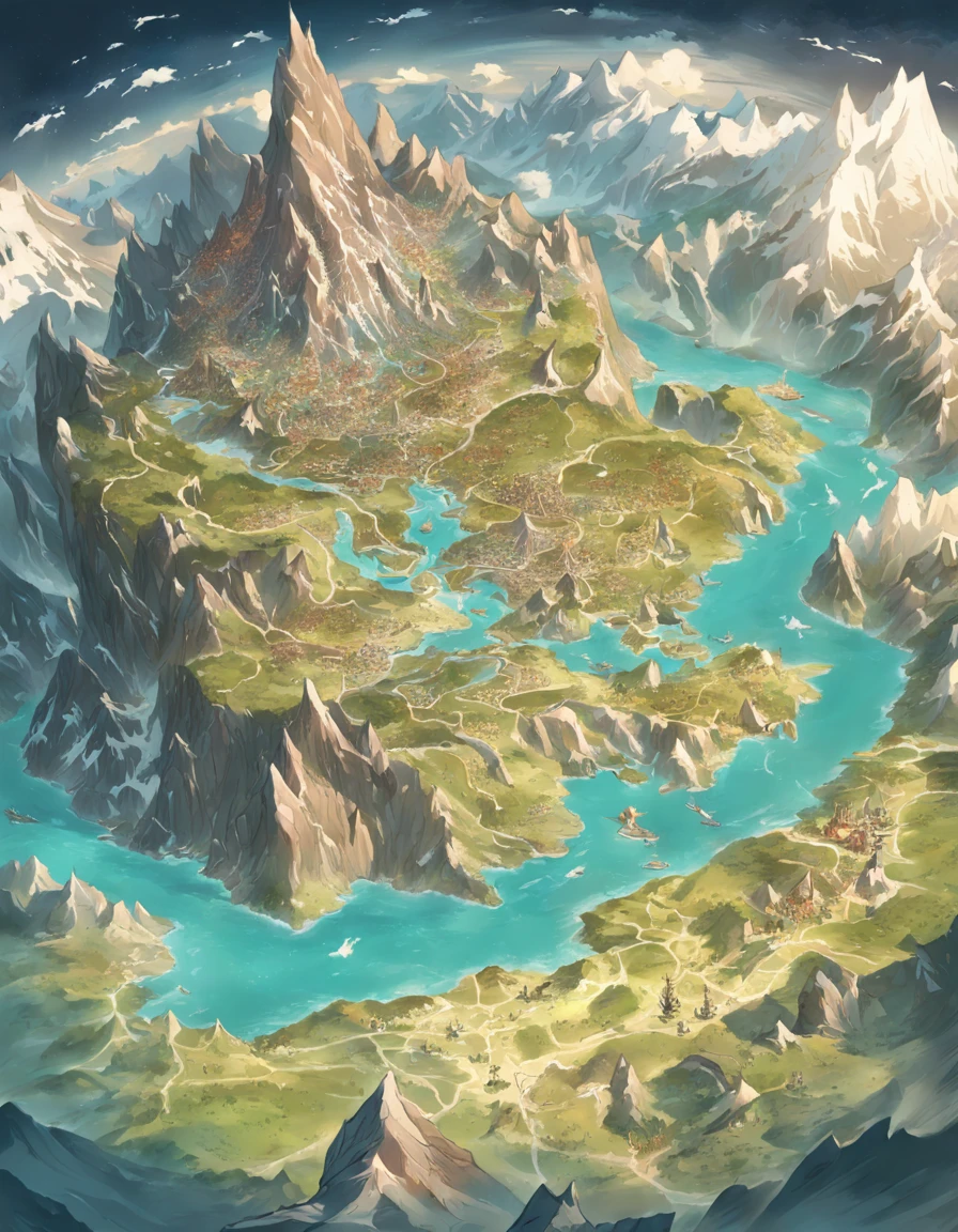 MAP, Map of a fantasy continent，In the middle of the map is the country of humanity, montains and hill，To the north is where the dwarves of the Land of Ice and Snow live，The south is the country of orcs，To the west is the Land of Dragons, To the east is the land of the elves, forrest