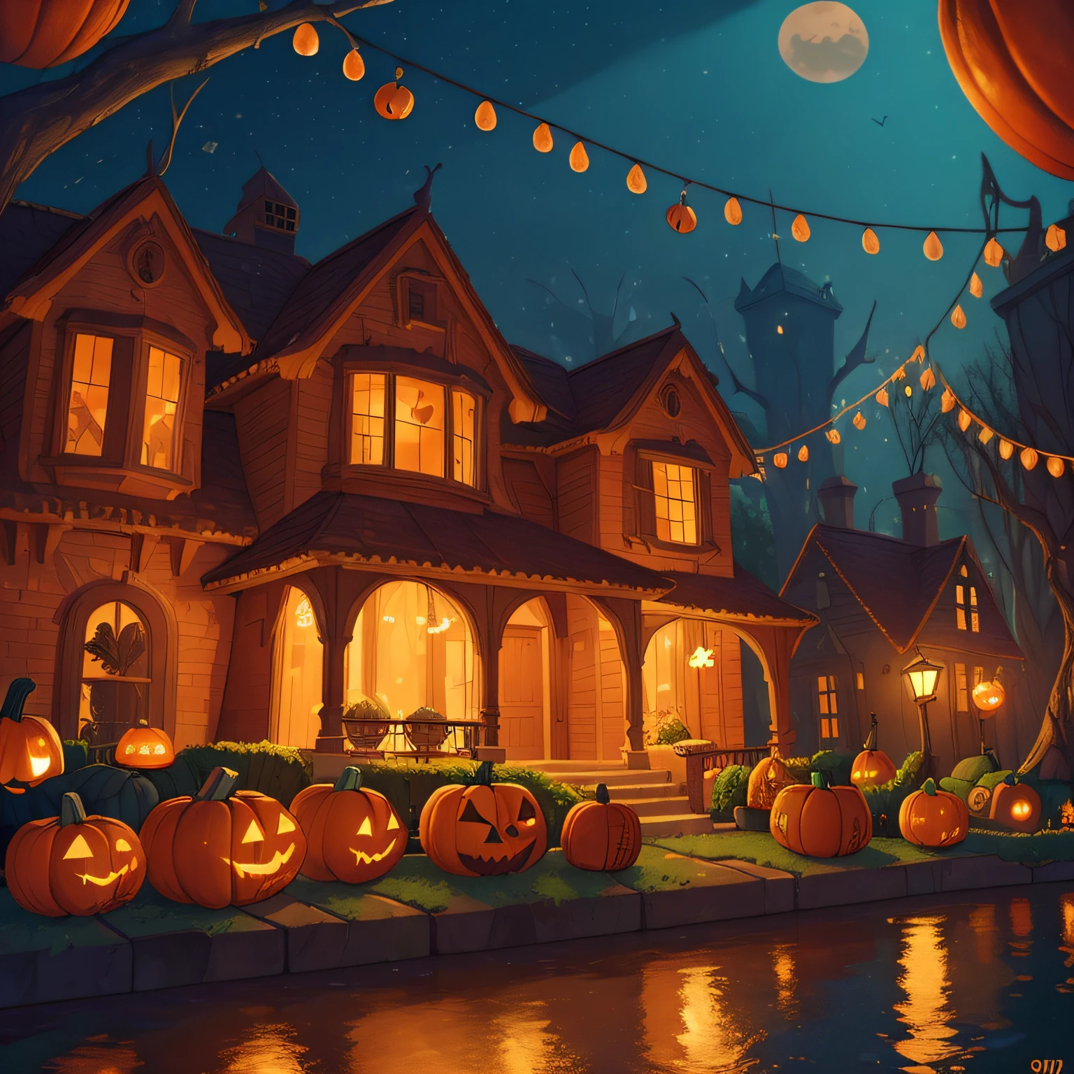 (best quality, high quality:1.3), CG, dramatic lighting, highly detailed, Bokeh, floating pumpkins, animated, in a halloween decorated house