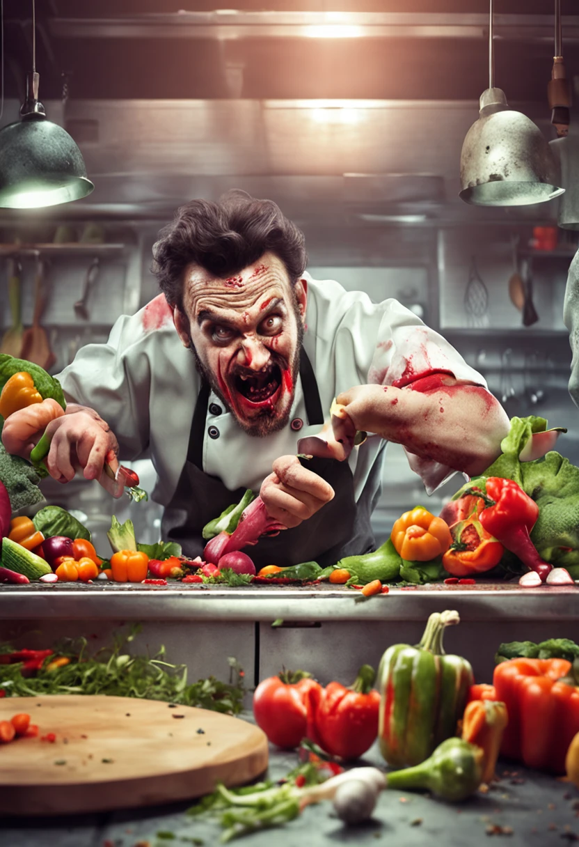 wallpaper for smartphone ultra HD chef in the kitchen zombie style and cutting vegetables on cool way
