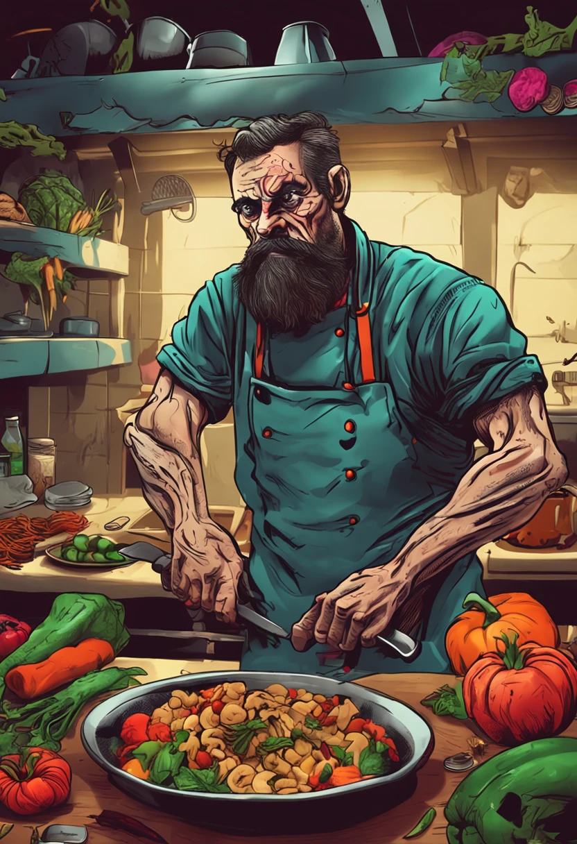 wallpaper for smartphone ultra HD chef in the kitchen zombie style and cutting vegetables on cool way