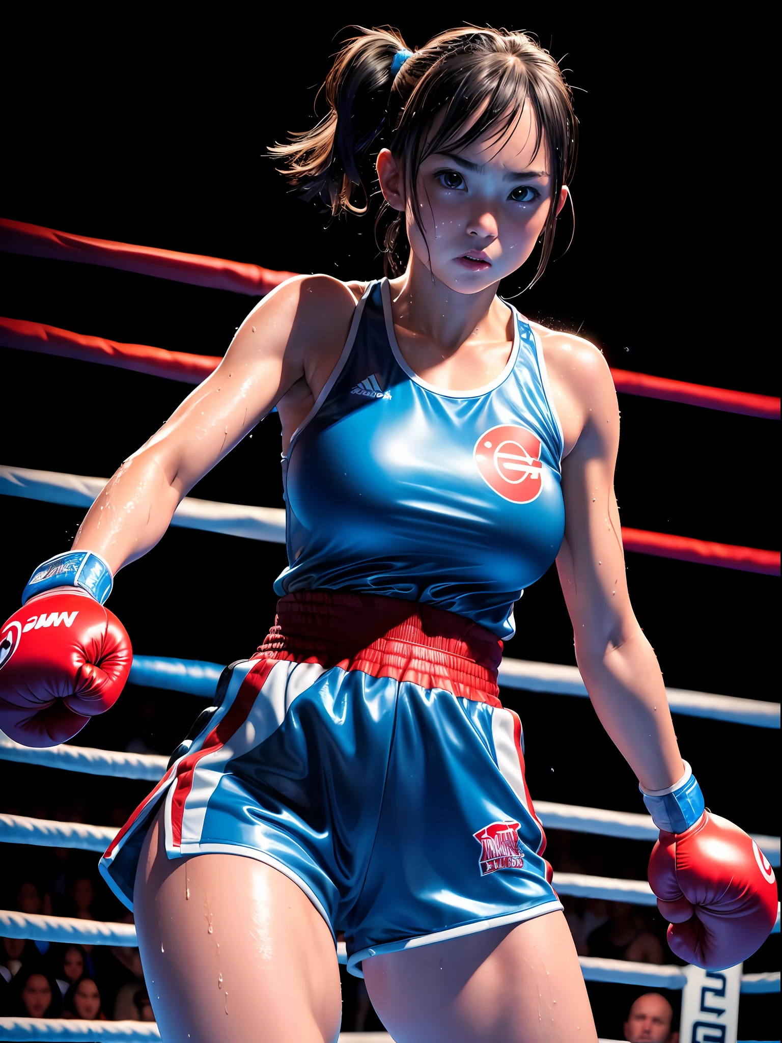 "Ultra high definition, 4K photography, better realistic quality, with backlighting that highlights the elegant small-chested female figure, which highlights her high size and prominence, boxing clothes, punching, brave face, fighting, chin punch, knockout