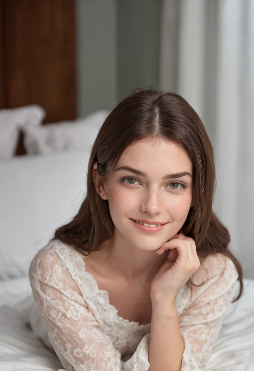 Model brunette smiling 22 years old, sat on bed, green eyes freckles, no visible hands, in attractive Pose.
