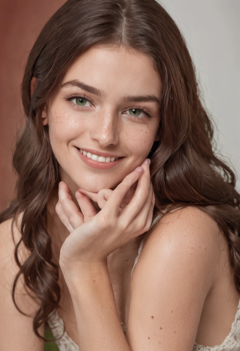 Model brunette smiling 22 years old, sat on bed, green eyes freckles, no visible hands, in attractive Pose.