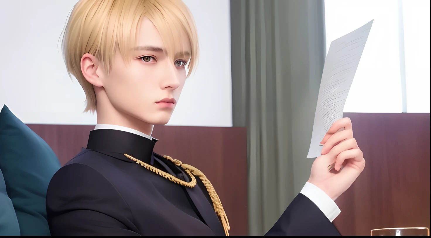 top-quality, 8K, ultra-detailliert, Close up portrait of a man with yellow hair looking at paper in a room, Sharp eyes and dark circles under the eyes, Bad eyes, Wearing a stuffed collar, She wears a pure gold cord on her chest., Screenshot, screen cap, Today's Attention, delicate androgynous prince, Handsome men, beautiful androgynous prince, Still, Shu Shu image