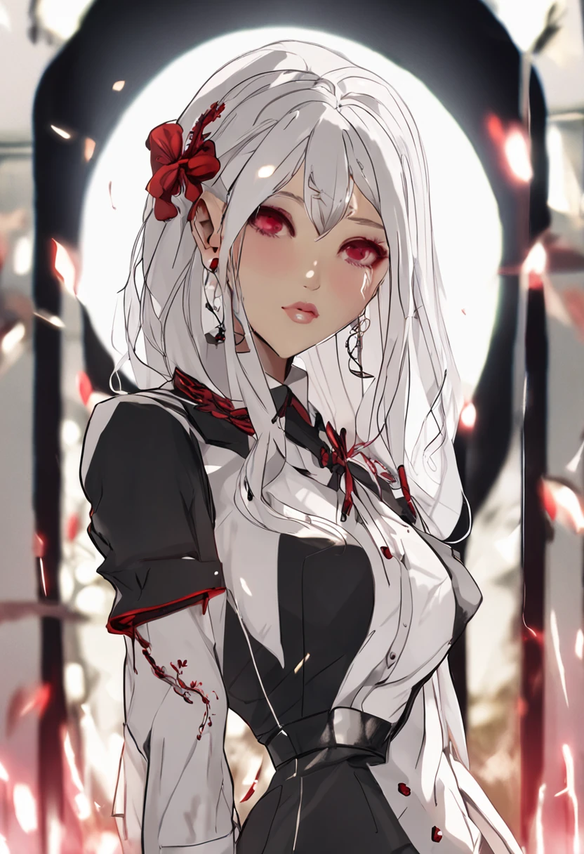 Over the knee black silk，Realistic long white hair，The eyes have red pupils，perfect body figure，The upper body is wearing a white professional shirt，The lower body wears a short black skirt that covers the hips，Flaming red lips