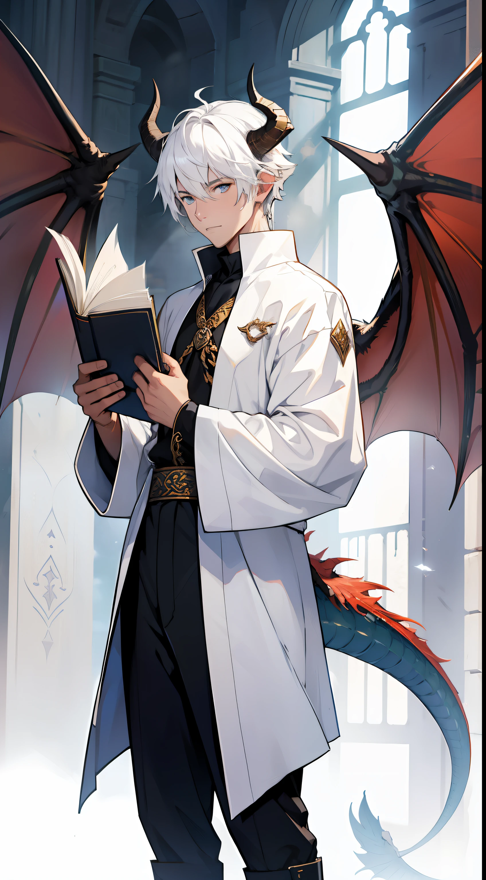 a guy wearing white sorcerer clothes holding a book with dragon horns and dragon wings, short white hair