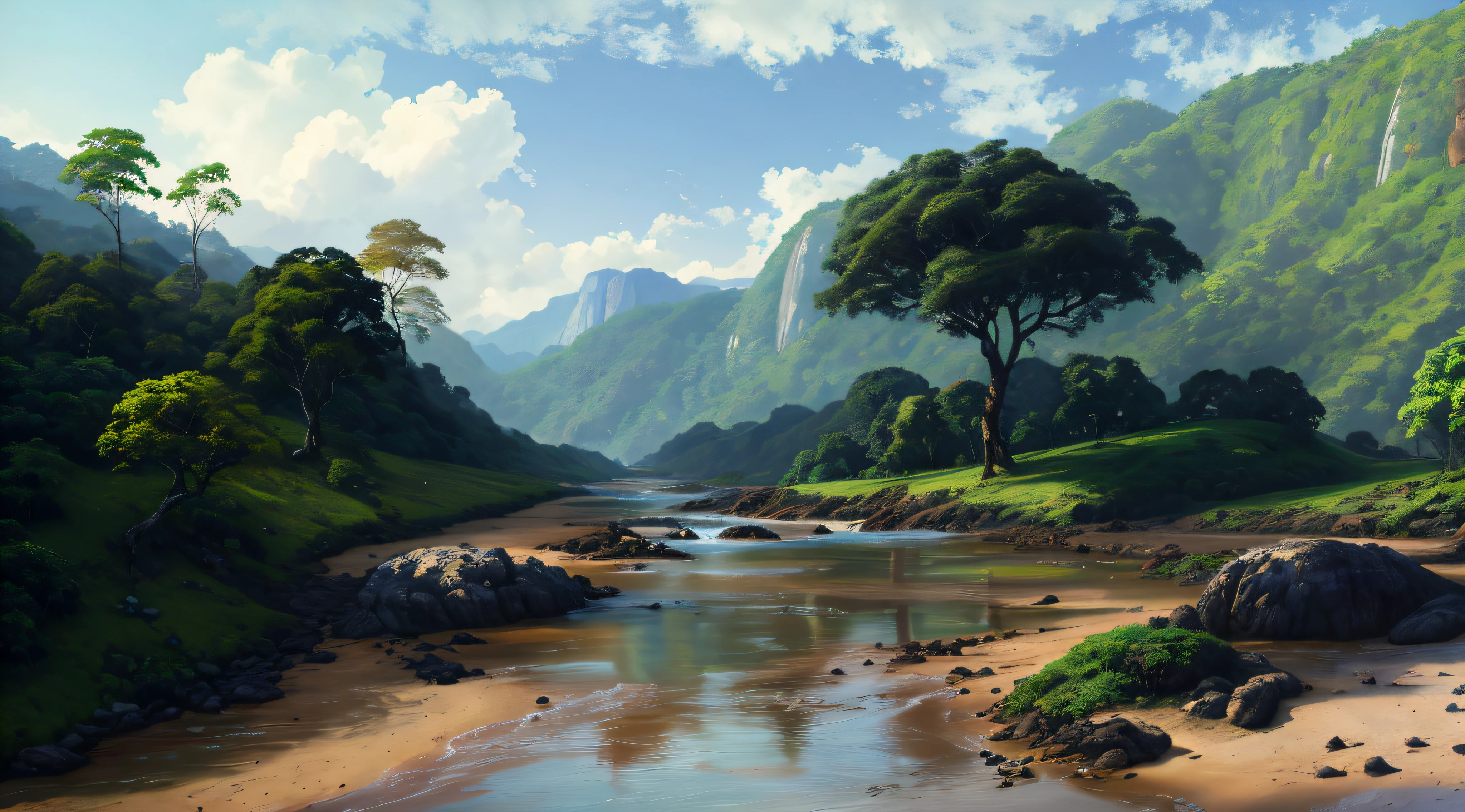 pintura de um rio que atravessa um vale verde exuberante com montanhas ao fundo, colinas fluidas, 8k resolution digital painting, 8k resolution digital painting, Pintura digital 4K, Pintura digital 4k, pintura digital detalhada, baixo detalhamento. pintura digital, Pintura Digital de Alto Detalhe, peaceful landscape, rio, trees and hills, pintura detalhada 4K, pintura digital 4k