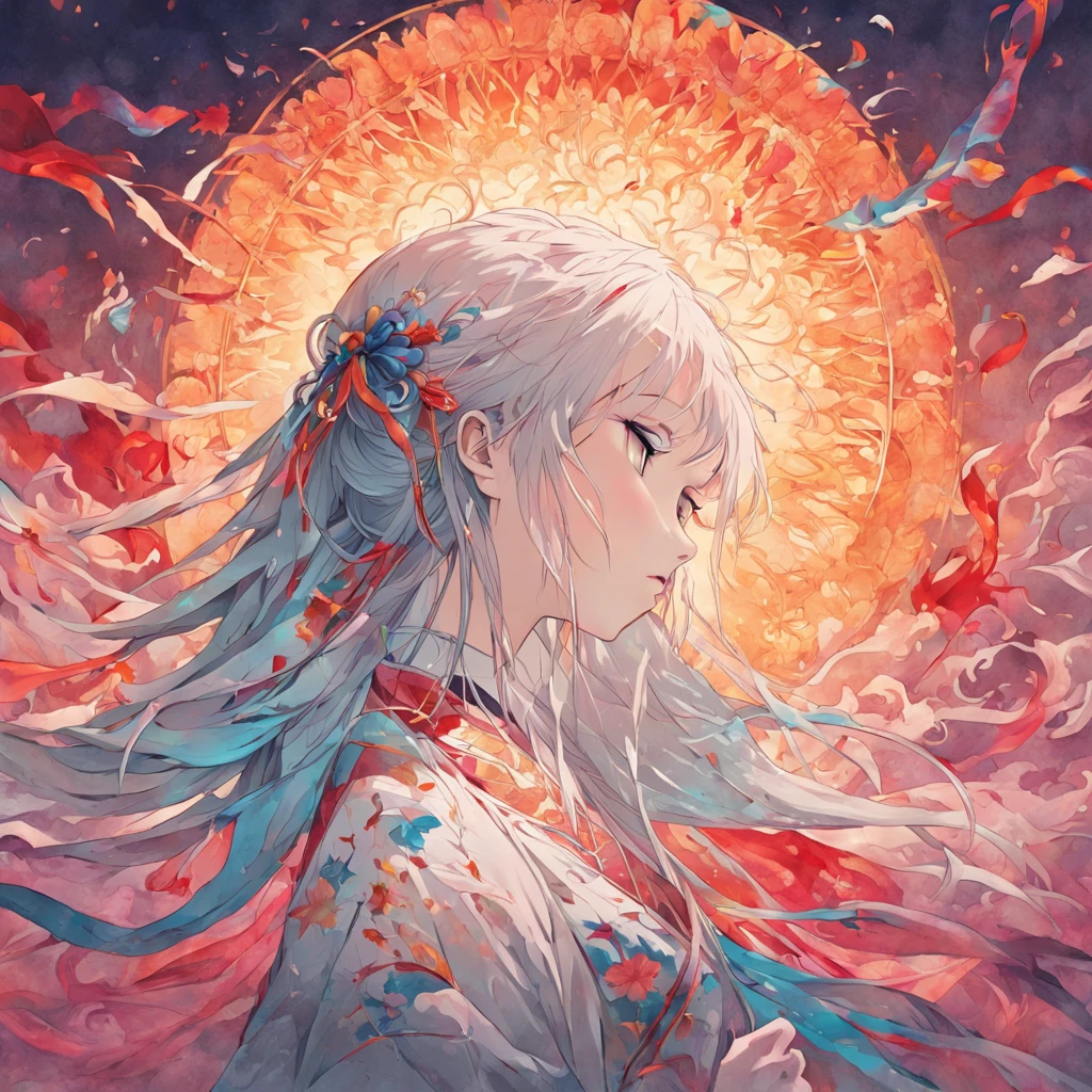 (White background:1.4),(Silhouette of a girl's head, Eyes closed, Colorful long hair, Oriental elements),(Chinese Illustration:1.3,paper art:1.3, Quilted Paper Art:1.2),( Reasonable design, Clear lines, High Sharpness,Best Quality, Very detailed, masutepiece, Movie Light Effects, 4K )